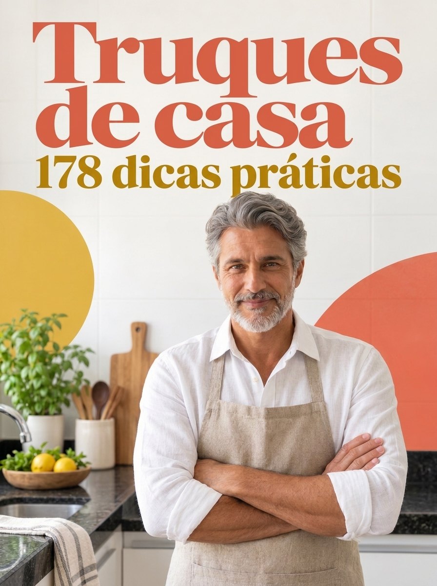 Capa do livro Truques de casa, 178 dicas práticas, com o Marcílio de braços cruzados na cozinha